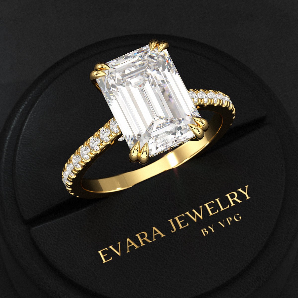 5 Carat Emerald Cut Diamond French Pave Band Engagement Ring - Evara Jewelry LLC
