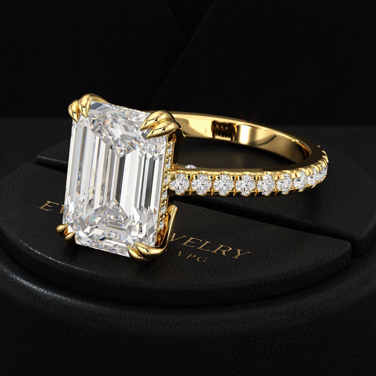 5 Carat Emerald Cut Diamond French Pave Band Engagement Ring - Evara Jewelry LLC