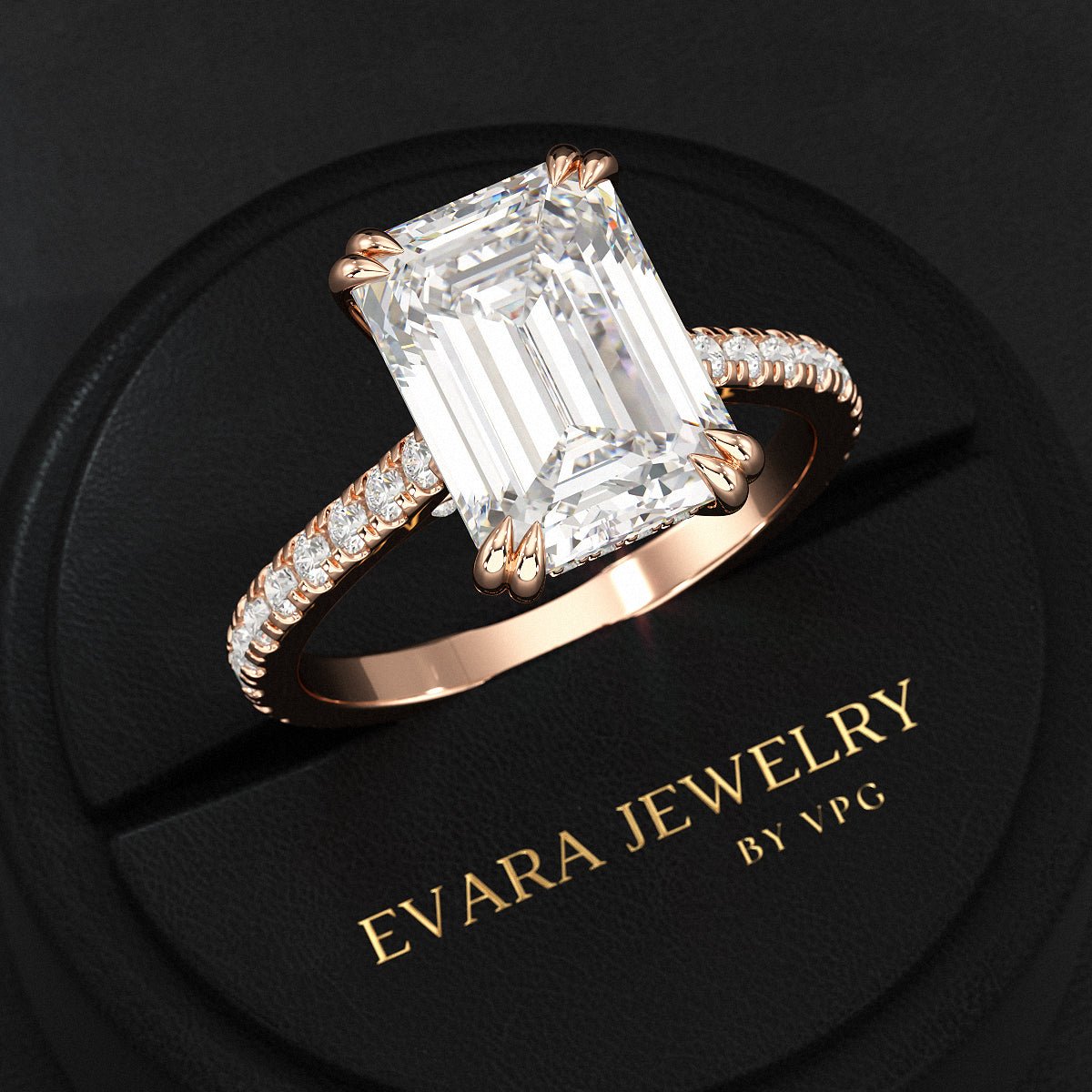 5 Carat Emerald Cut Diamond French Pave Band Engagement Ring - Evara Jewelry LLC