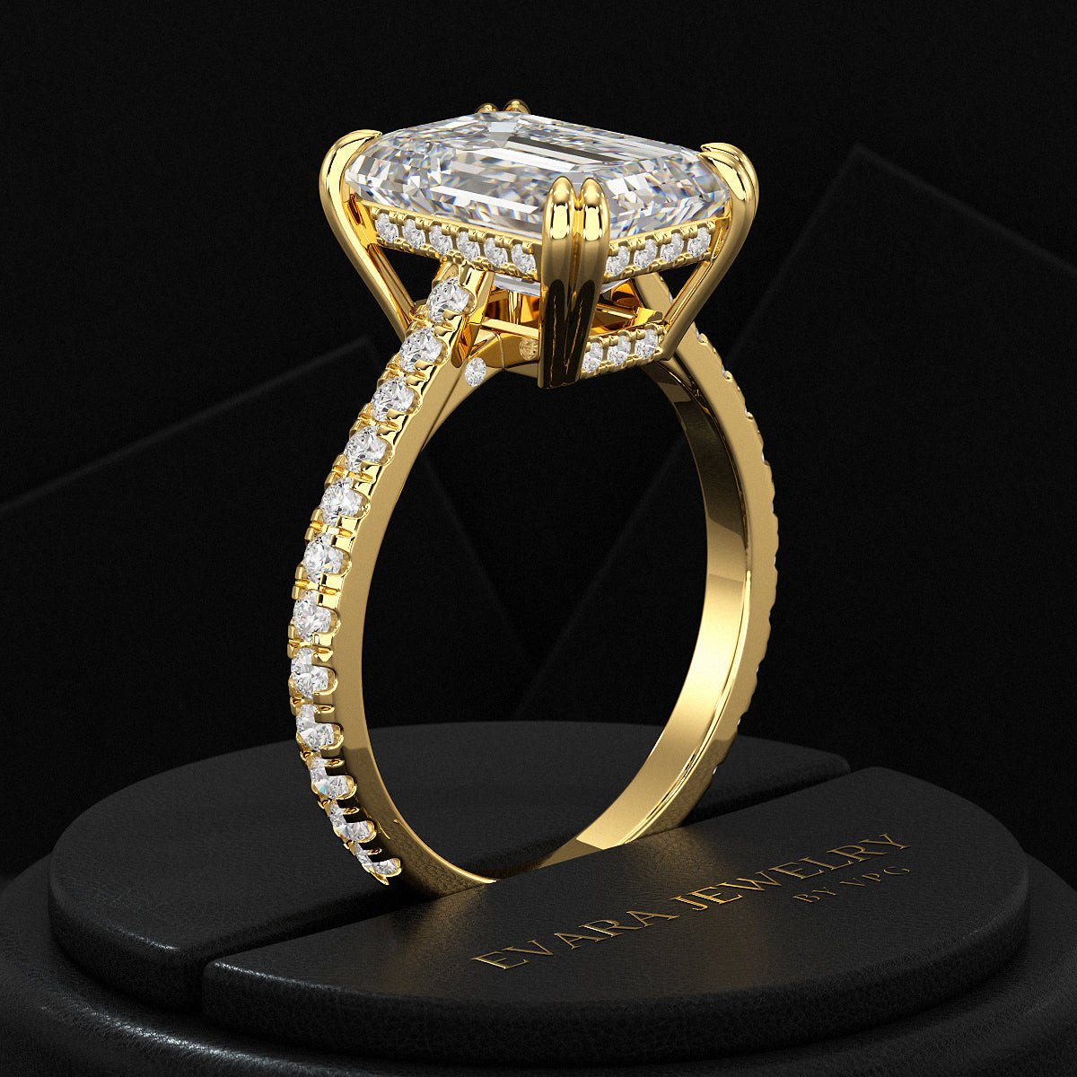 5 Carat Emerald Cut Diamond French Pave Band Engagement Ring - Evara Jewelry LLC