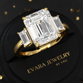 5 Carat Emerald Cut Lab Grown Diamond Three Stone Engagement Ring - Evara Jewelry LLC