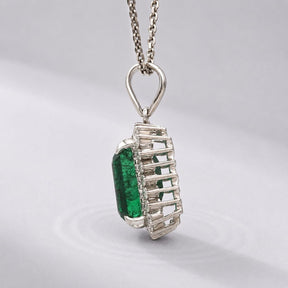 5 Carat Natural Emerald-Cut Emerald and Diamond Halo Pendant Necklace in 14K Gold - Evara Jewelry LLC