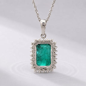 5 Carat Natural Emerald-Cut Emerald and Diamond Halo Pendant Necklace in 14K Gold - Evara Jewelry LLC