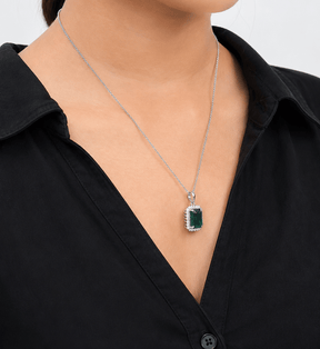 5 Carat Natural Emerald-Cut Emerald and Diamond Halo Pendant Necklace in 14K Gold - Evara Jewelry LLC