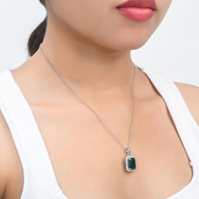 5 Carat Natural Emerald-Cut Emerald and Diamond Halo Pendant Necklace in 14K Gold - Evara Jewelry LLC