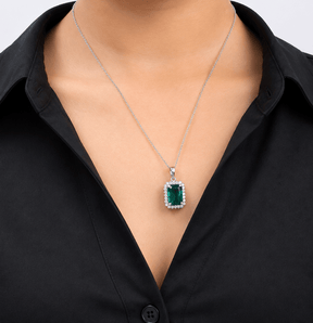 5 Carat Natural Emerald-Cut Emerald and Diamond Halo Pendant Necklace in 14K Gold - Evara Jewelry LLC