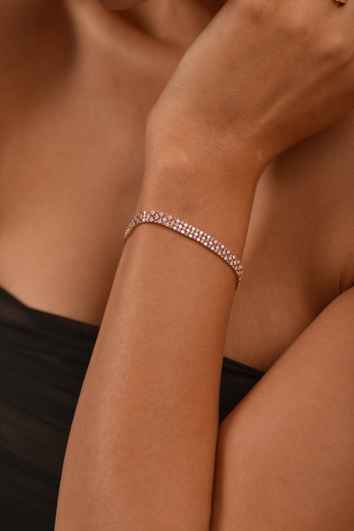 5 Carat Natural Pink Sapphire & Lab Grown Diamond Three Row Alternate Tennis Bracelet - Evara Jewelry LLC