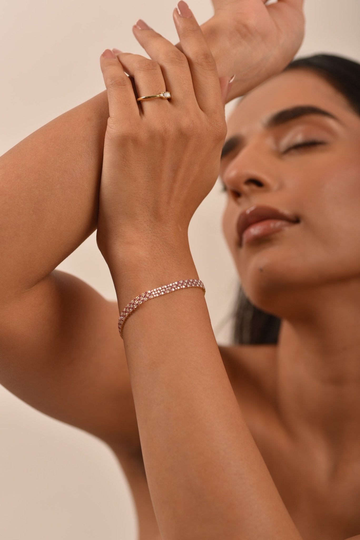 5 Carat Natural Pink Sapphire & Lab Grown Diamond Three Row Alternate Tennis Bracelet - Evara Jewelry LLC