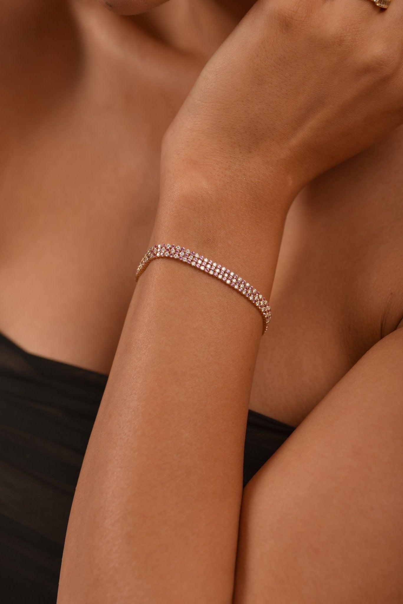 5 Carat Natural Pink Sapphire & Lab Grown Diamond Three Row Alternate Tennis Bracelet - Evara Jewelry LLC