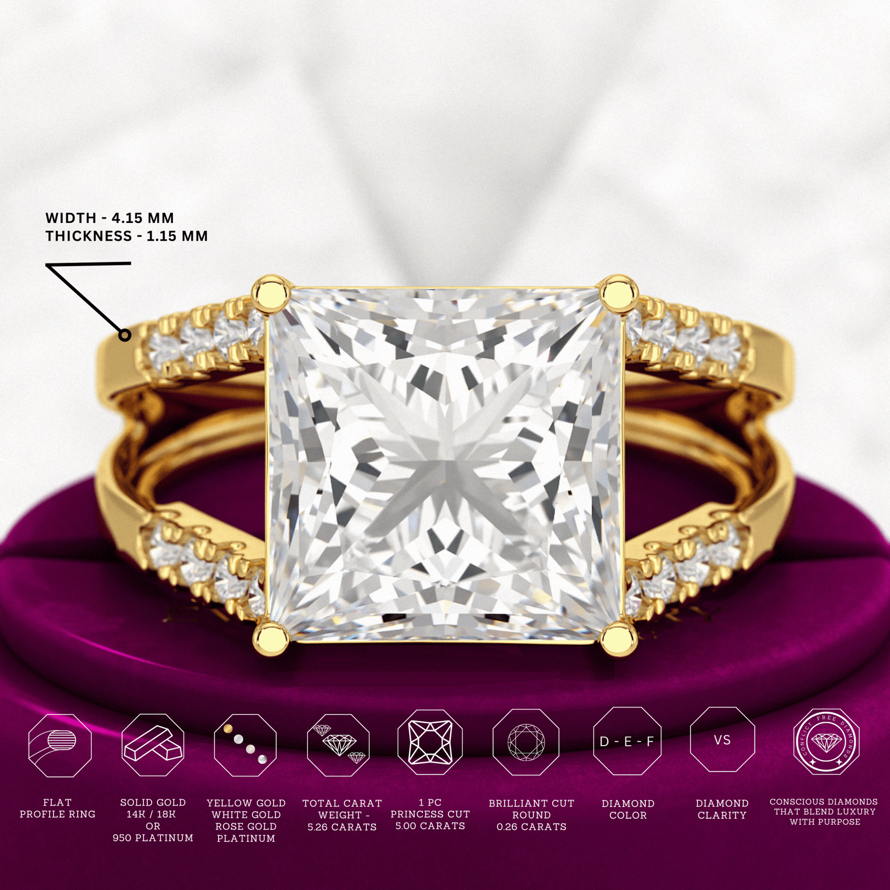5 Carat Princess Cut Lab Grown Diamond Wedding Ring - Evara Jewelry LLC