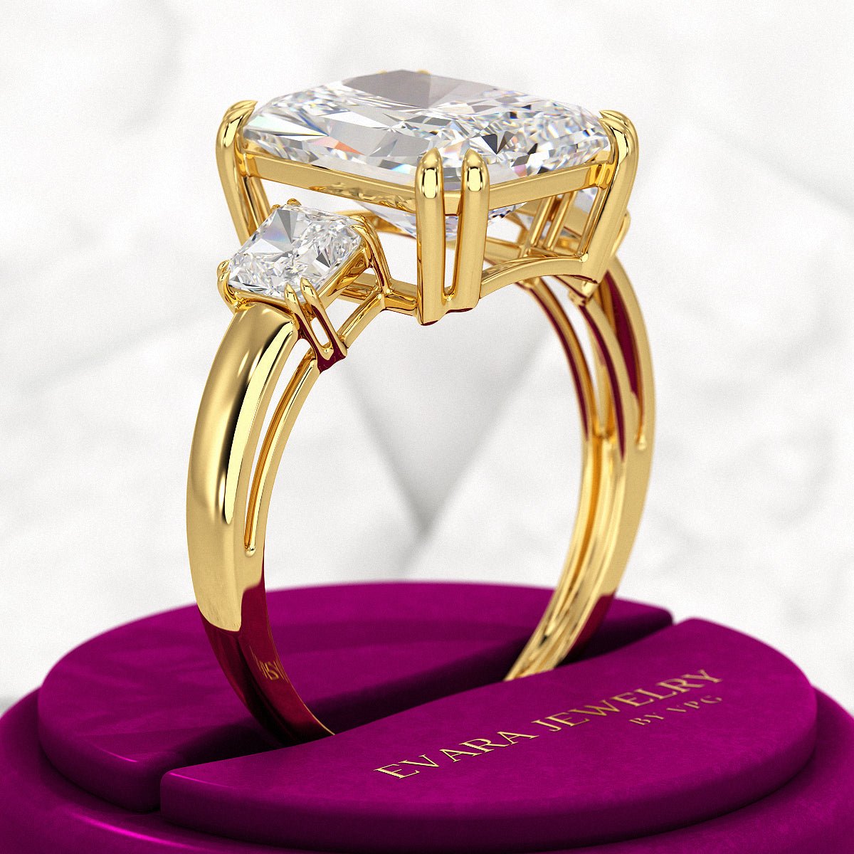 5 Carat Radiant Cut Three Stone Lab Grown Diamond V Prong Engagement Ring - Evara Jewelry LLC