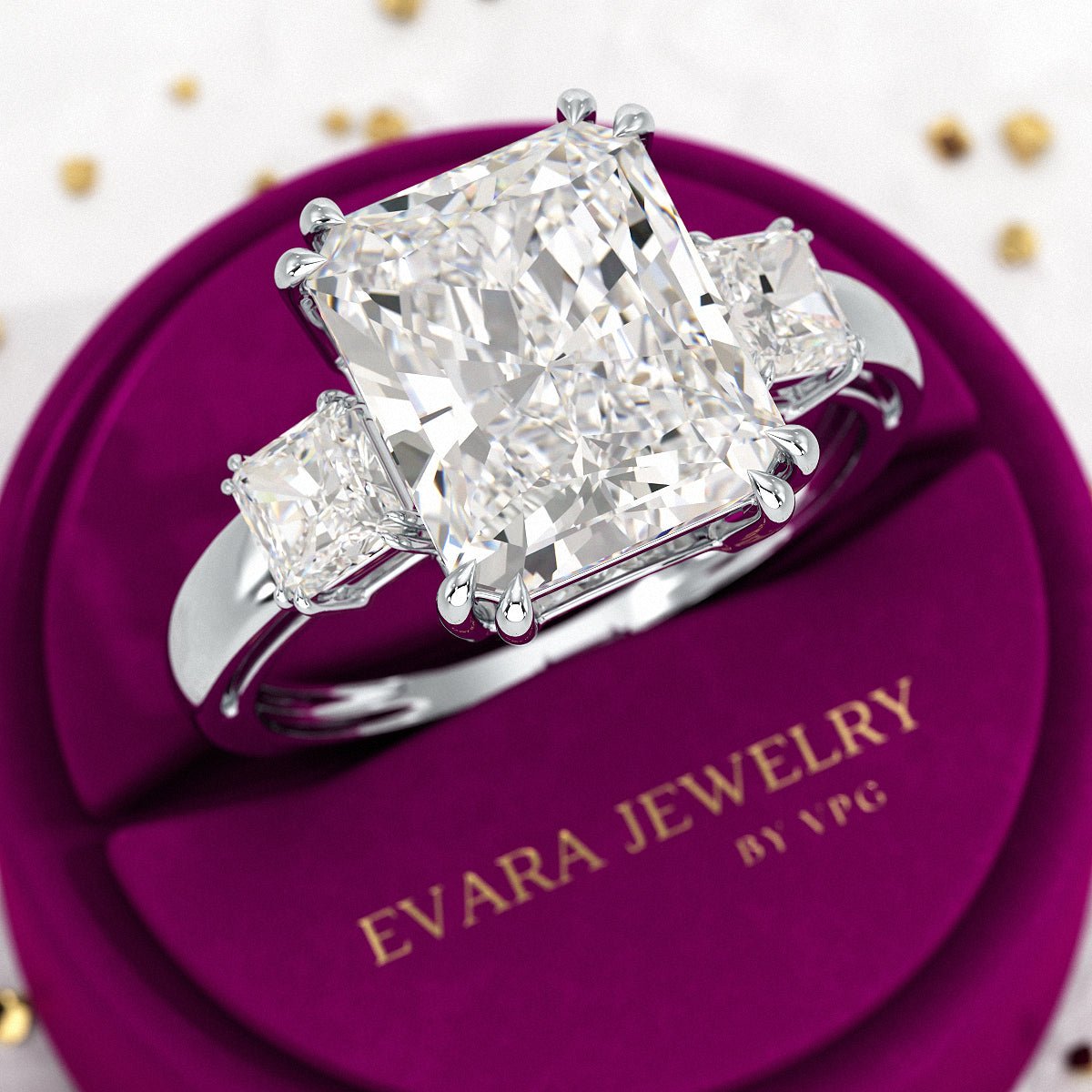 5 Carat Radiant Cut Three Stone Lab Grown Diamond V Prong Engagement Ring - Evara Jewelry LLC