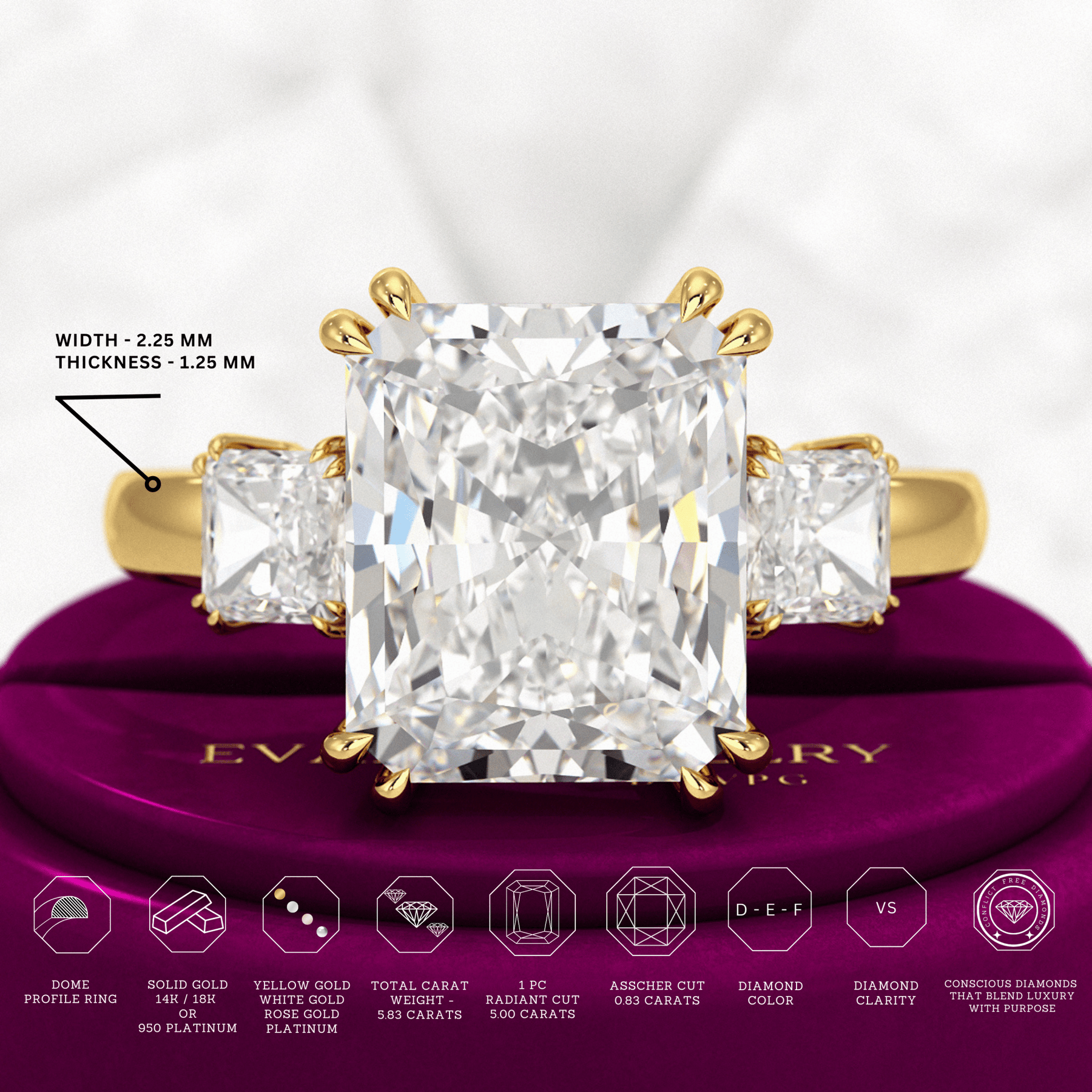5 Carat Radiant Cut Three Stone Lab Grown Diamond V Prong Engagement Ring - Evara Jewelry LLC