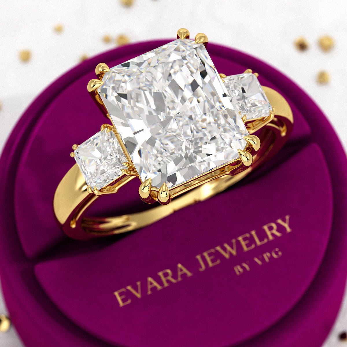 5 Carat Radiant Cut Three Stone Lab Grown Diamond V Prong Engagement Ring - Evara Jewelry LLC
