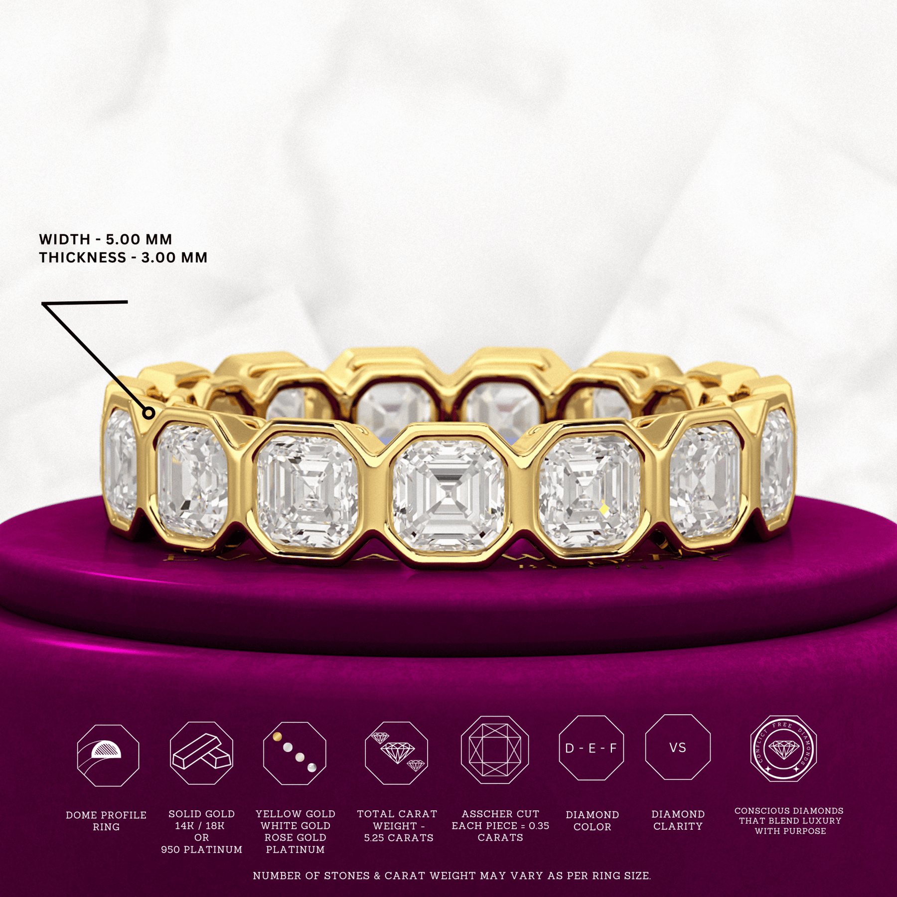 5.25 Carats Bezel Set Asscher Cut Modern Deco Diamond Eternity Band - Evara Jewelry LLC