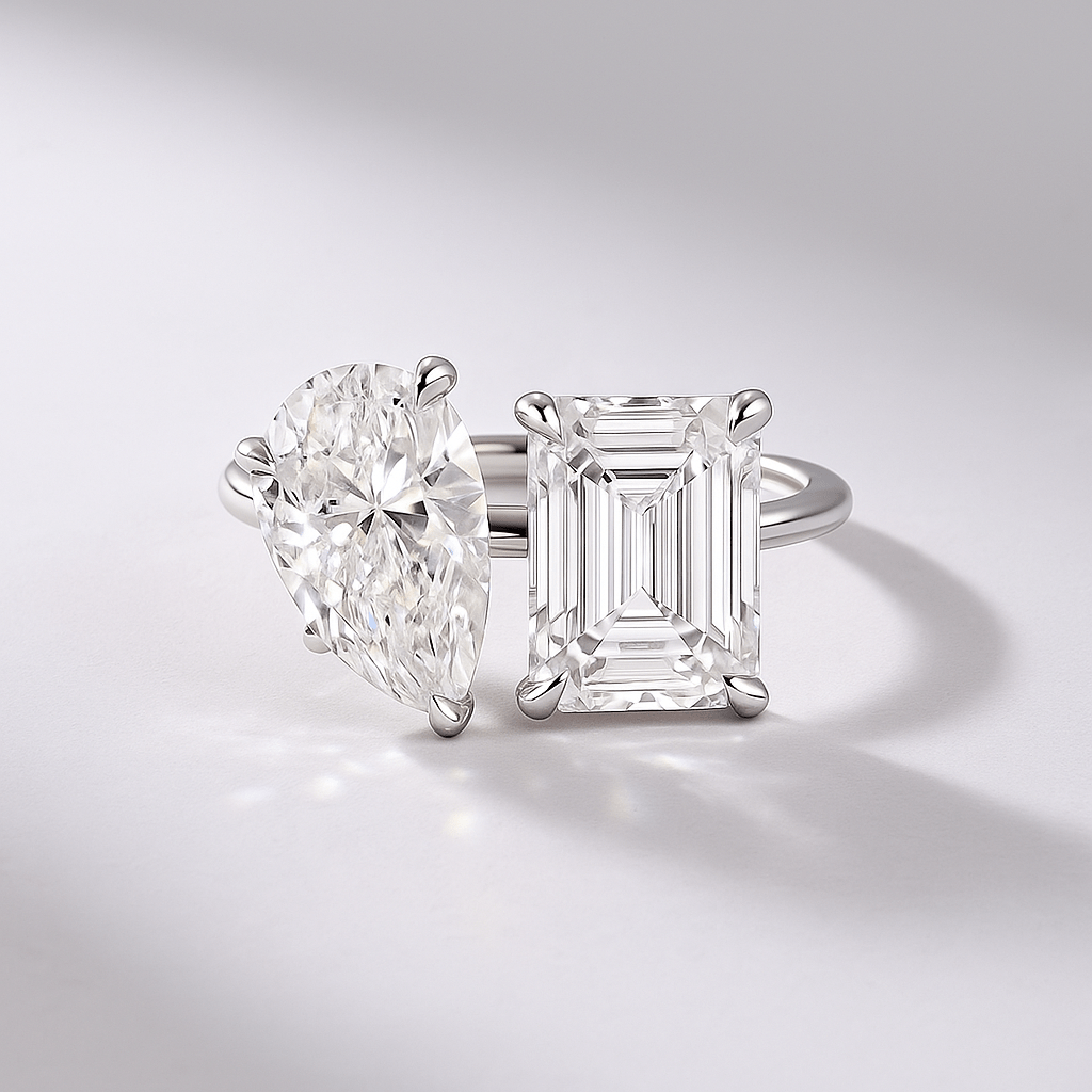 5.50 Carats Pear & Emerald Cut Two Stone Toi Et Moi Wedding Ring - Evara Jewelry LLC