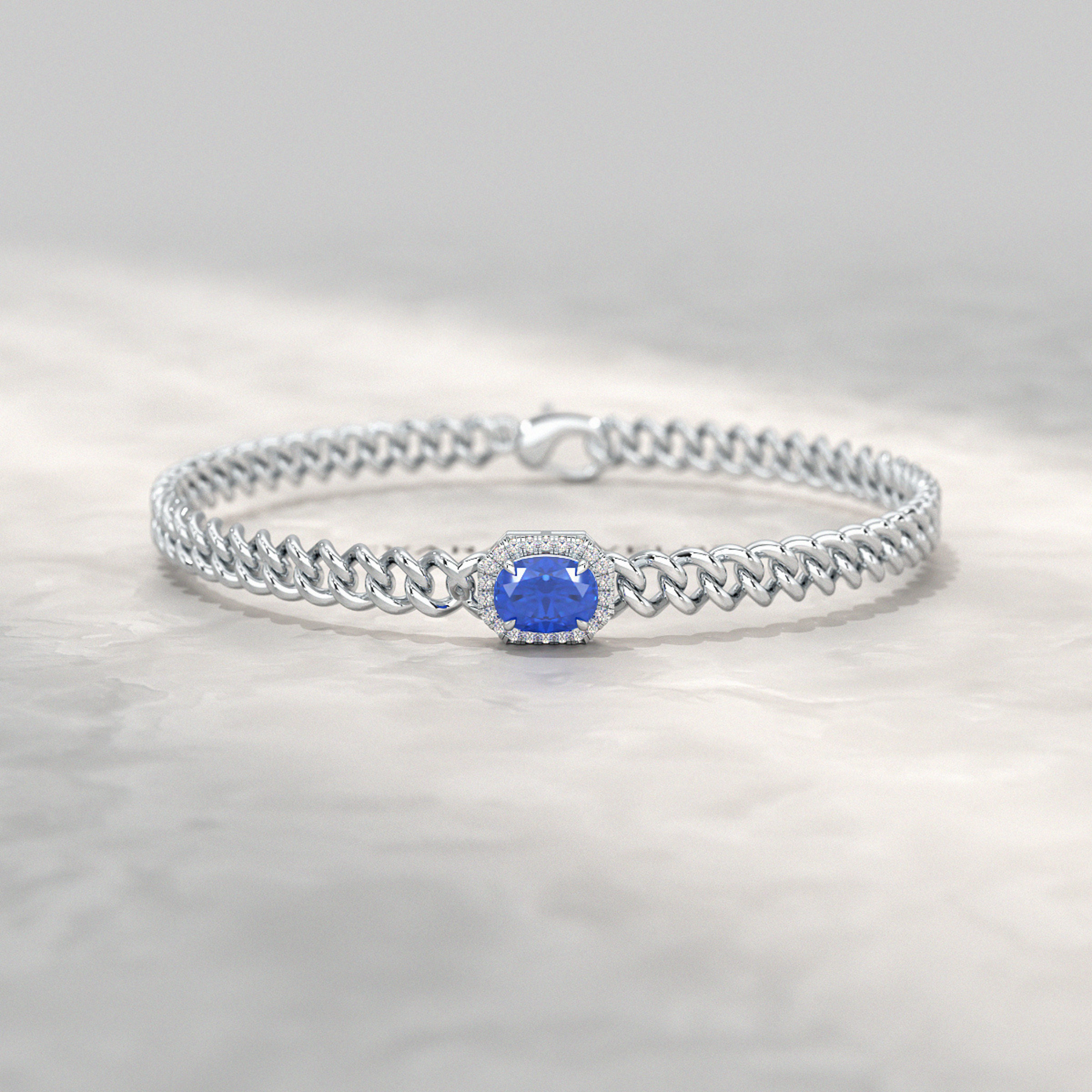 10K Solid Gold Cuban Chain Link Bracelet with Natural Blue Sapphire & Lab Grown Diamonds