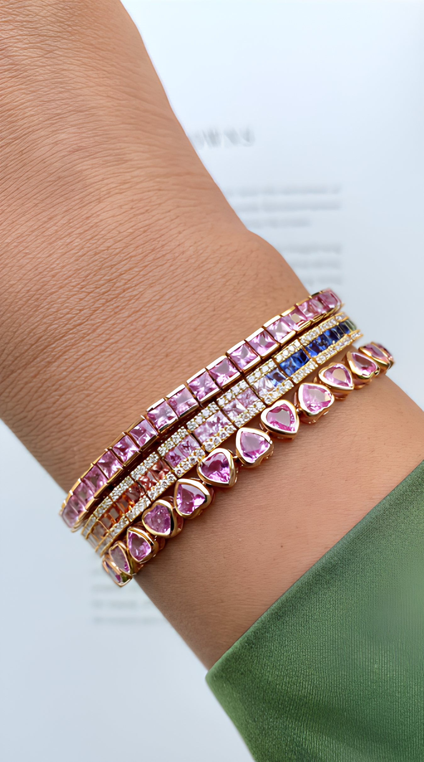 Natural Pink Sapphire Channel Set Half Bezel Bracelet: Princess cut Tennis Bracelet in 18K Gold