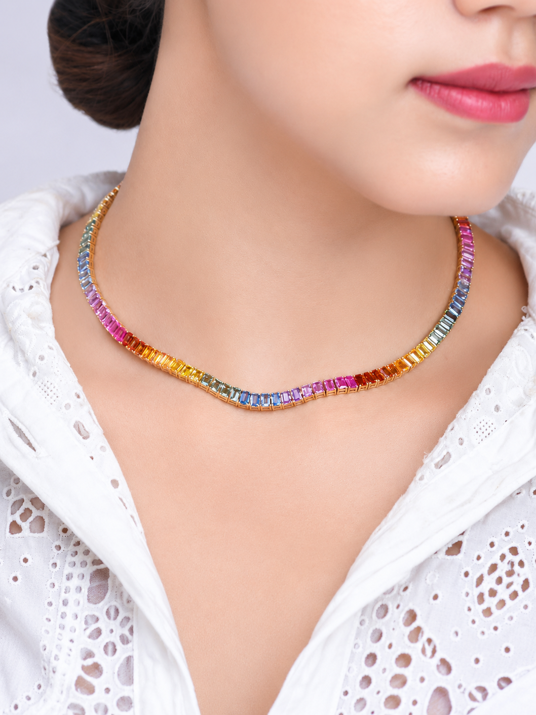 32 Carat Natural Emerald-Cut Rainbow Sapphire Prong-Set Tennis Necklace