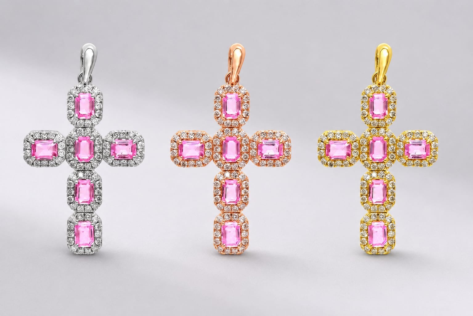 Natural Emerald-Cut Pink Sapphire and Diamond Halo Cross Pendant in 14K Gold