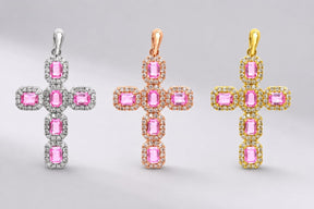 Natural Emerald-Cut Pink Sapphire and Diamond Halo Cross Pendant in 14K Gold