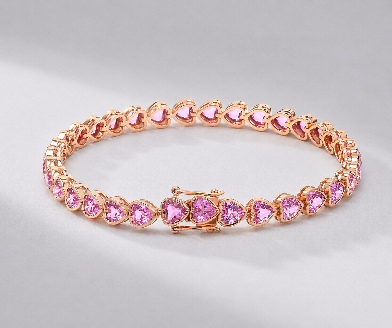 11 Carat Heart-Cut Natural Pink Sapphire Bezel Bracelet in 14K Gold