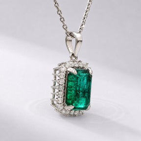 5 Carat Natural Emerald-Cut Emerald and Diamond Halo Pendant Necklace in 14K Gold