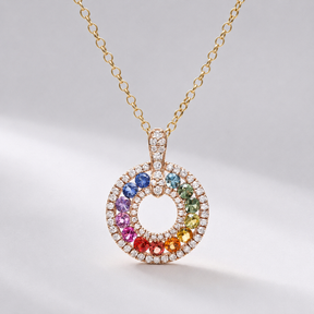 Natural Rainbow Sapphire and Lab-Grown Diamond Circle Pendant Necklace in 14K Gold