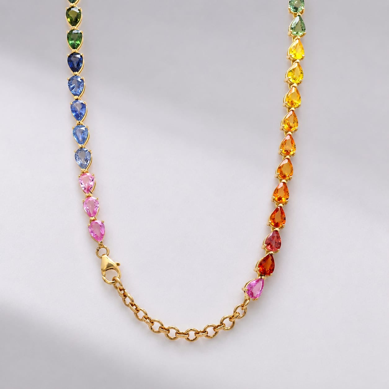 44 Carat Natural Pear-Cut Rainbow Sapphire Prong-Set Tennis Necklace