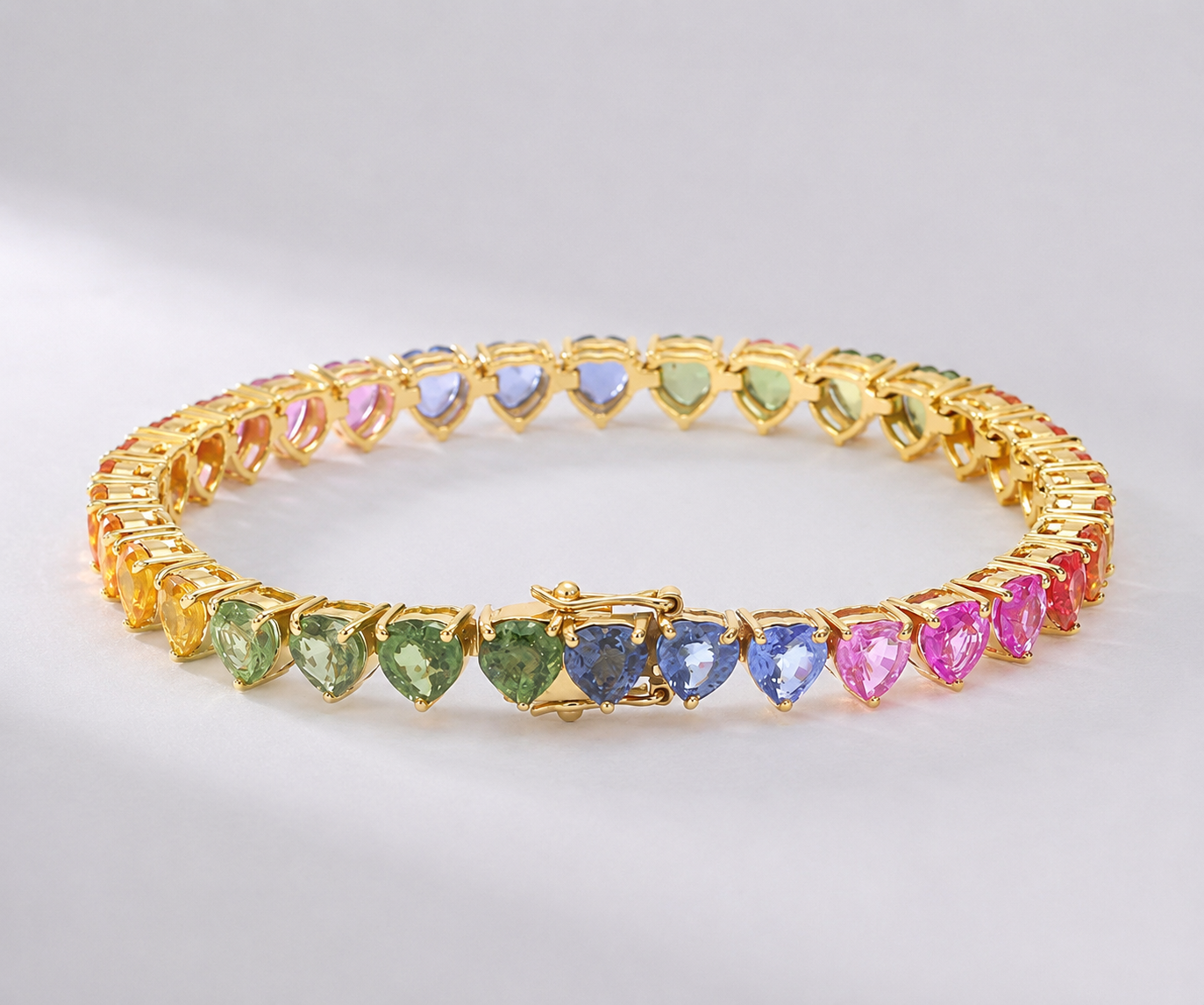Natural Rainbow Sapphire Heart-Cut Tennis Bracelet in 14K Yellow Gold