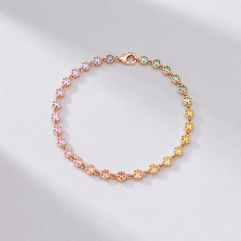 4.45 Carat Natural Rainbow Sapphire Bezel Bracelet: 14K Gold Tennis Bracelet