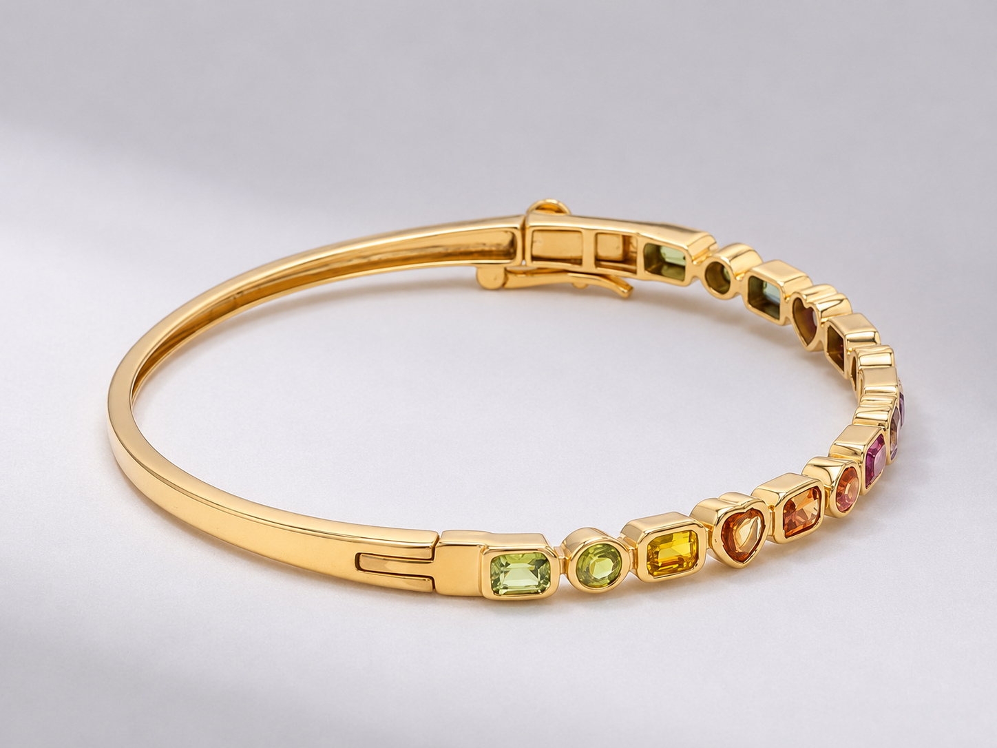 Natural Rainbow Sapphire Bezel Set Stacking Cuff Bracelet in 18K Yellow Gold
