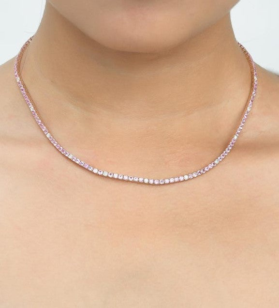 9 Carat Natural Pink Sapphire and Diamond Tennis Choker Necklace in 14K Solid Gold