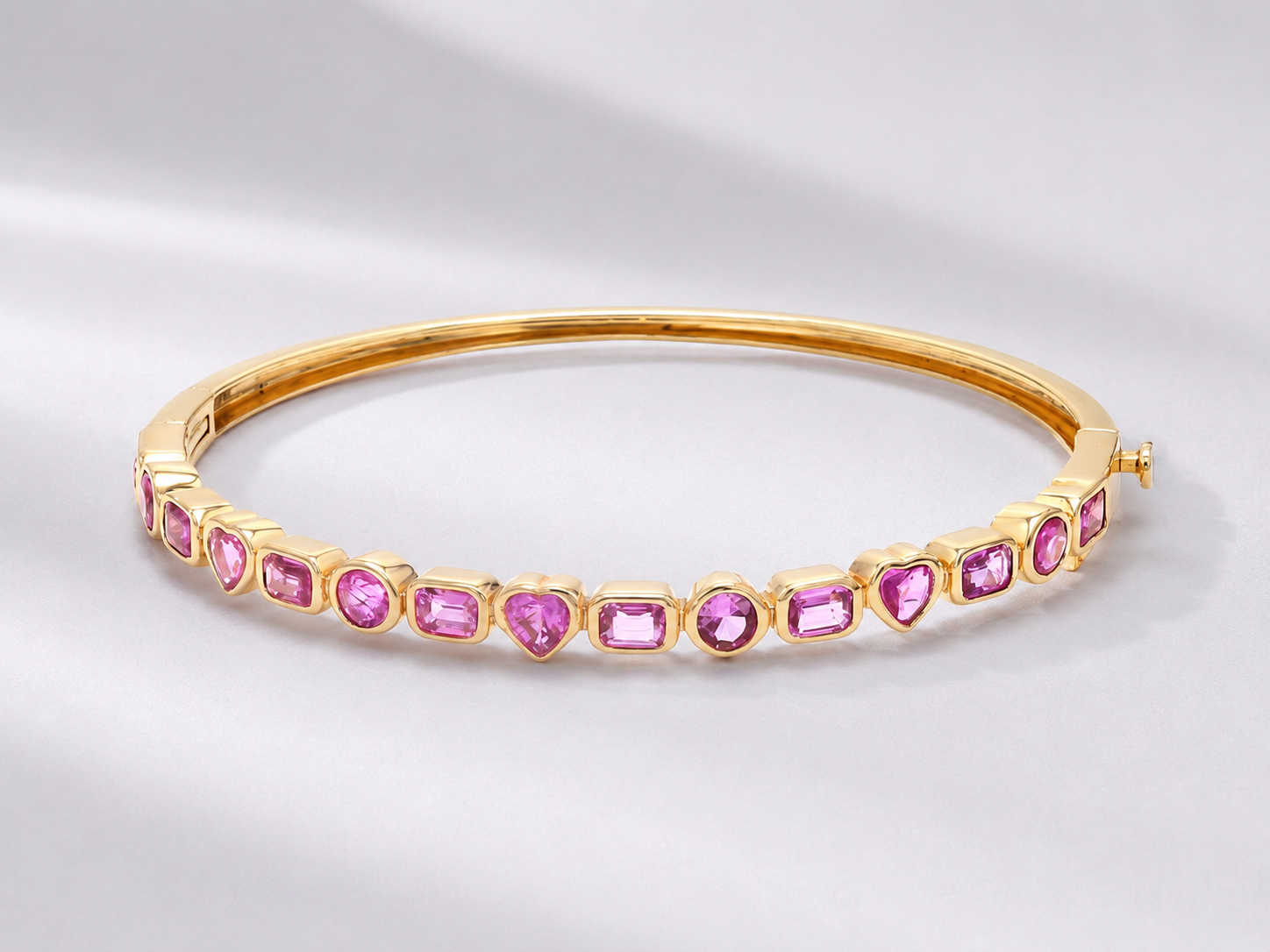 Natural Pink Sapphire Bezel Set Cuff Bracelet in 18K Gold