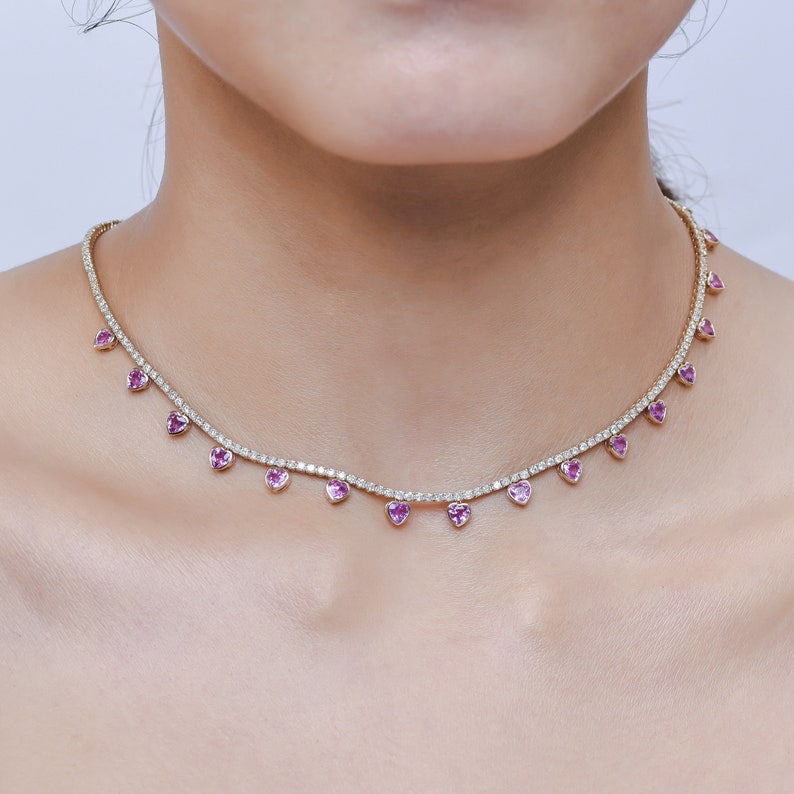 Natural Pink Sapphire Heart Charm and Lab-Grown Diamond Tennis Necklace in Rose Gold