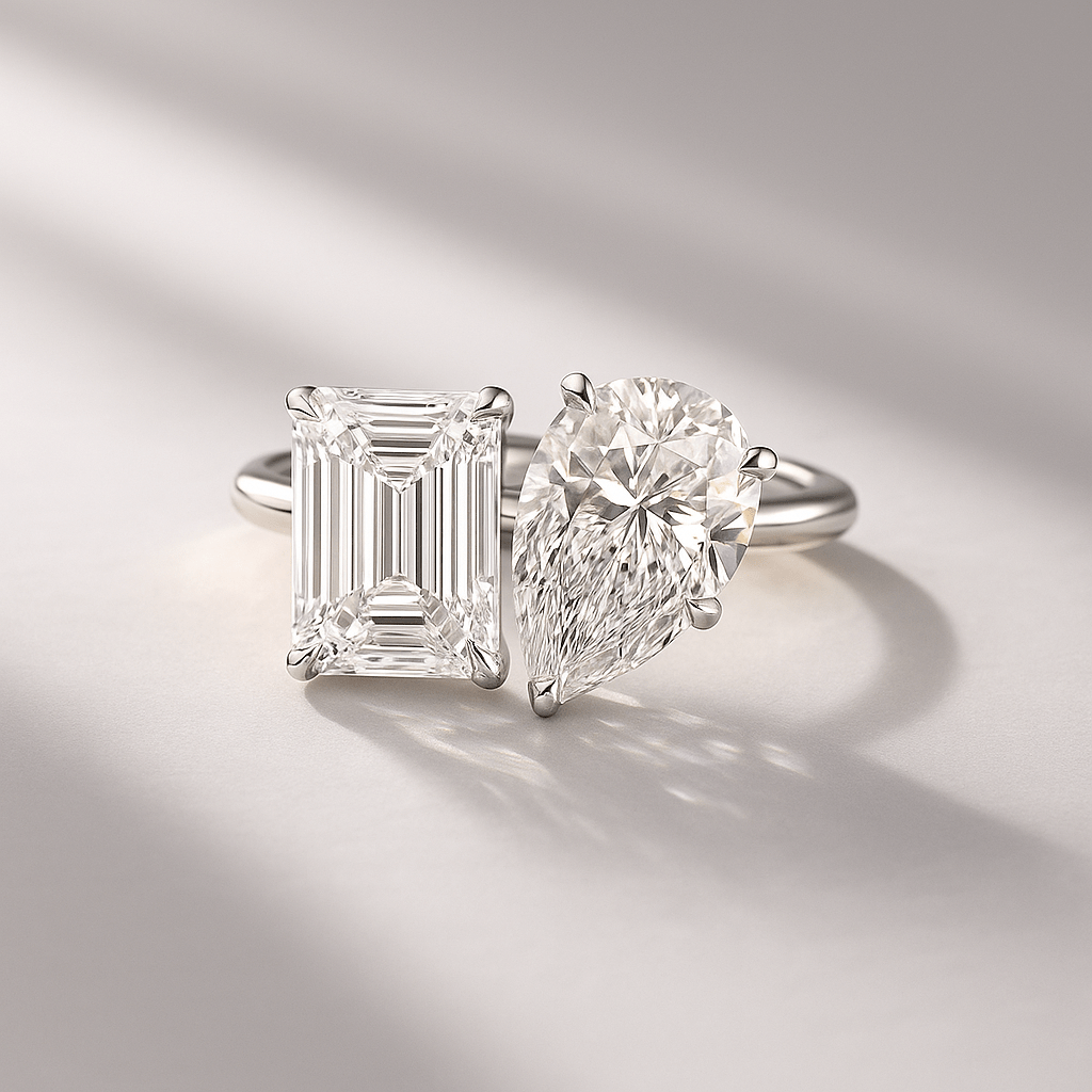 6 Carat Two Tone Pear & Emerald Toi Et Moi Engagement Ring - Evara Jewelry LLC