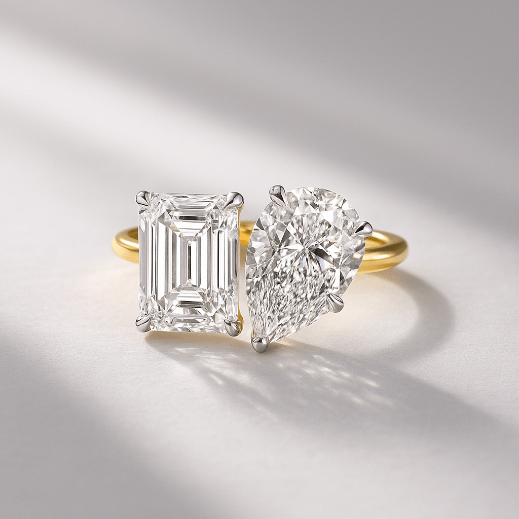 6 Carat Two Tone Pear & Emerald Toi Et Moi Engagement Ring - Evara Jewelry LLC