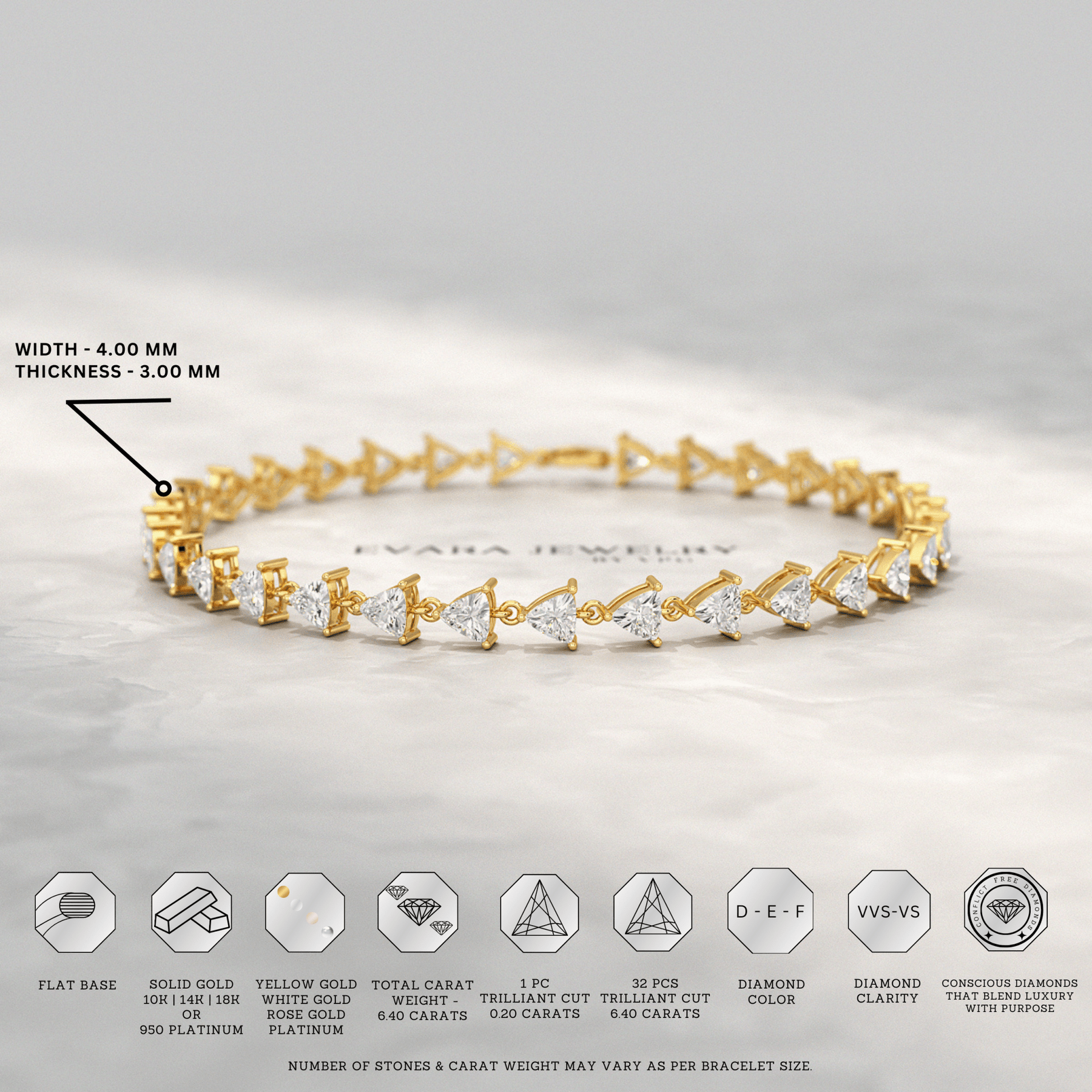 6.40 Carats Trilliant Cut Lab Grown Diamond Bracelet - Evara Jewelry LLC