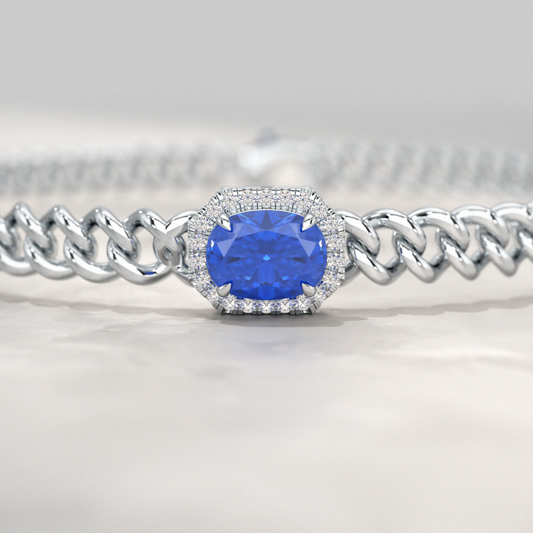 10K Solid Gold Cuban Chain Link Bracelet with Natural Blue Sapphire & Lab Grown Diamonds