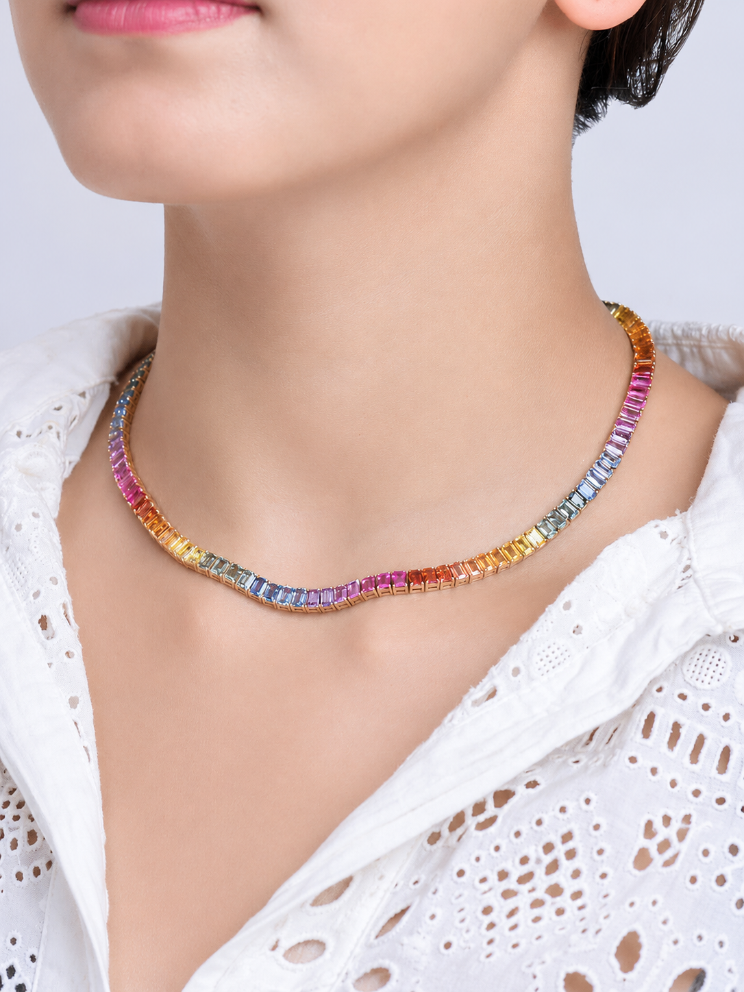 32 Carat Natural Emerald-Cut Rainbow Sapphire Prong-Set Tennis Necklace