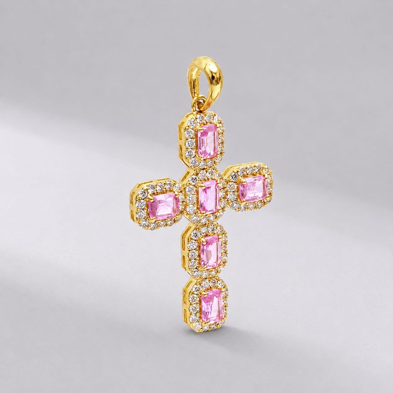 Natural Emerald-Cut Pink Sapphire and Diamond Halo Cross Pendant in 14K Gold