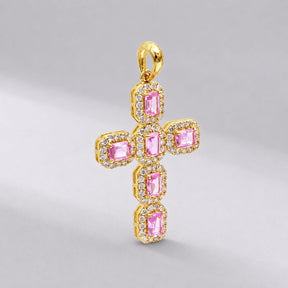 Natural Emerald-Cut Pink Sapphire and Diamond Halo Cross Pendant in 14K Gold