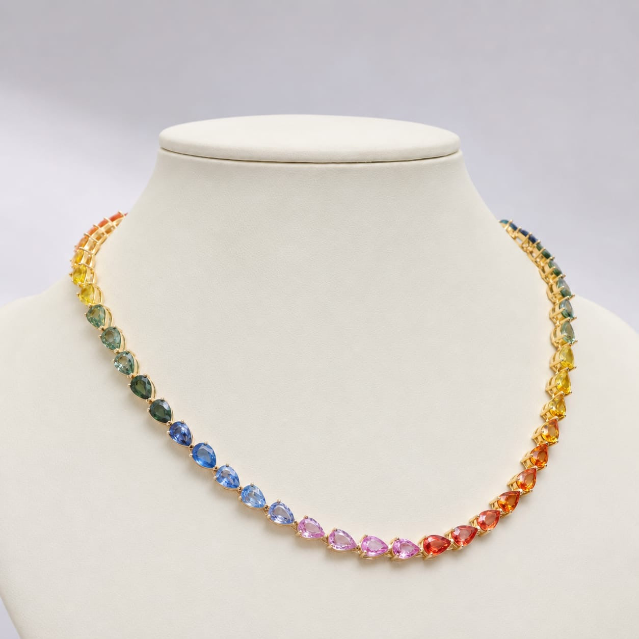 44 Carat Natural Pear-Cut Rainbow Sapphire Prong-Set Tennis Necklace