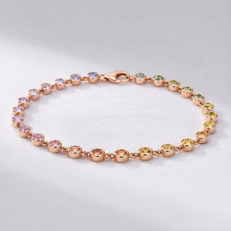 4.45 Carat Natural Rainbow Sapphire Bezel Bracelet: 14K Gold Tennis Bracelet