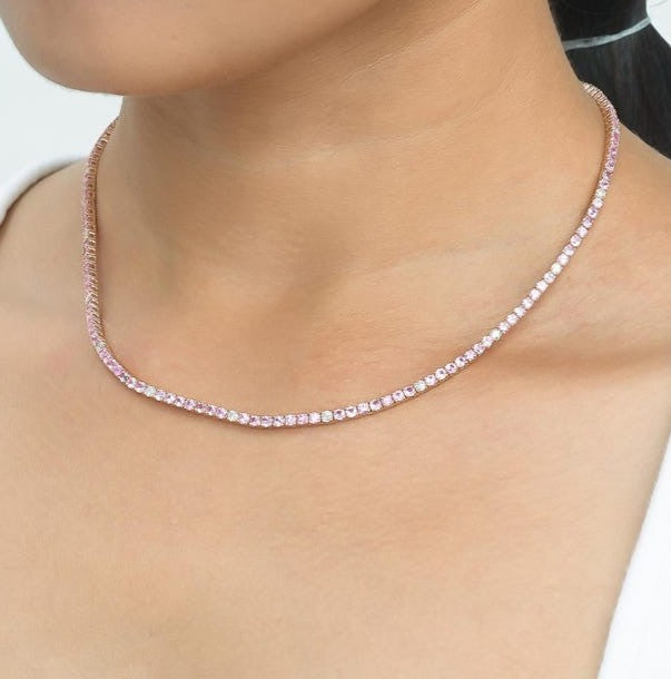 9 Carat Natural Pink Sapphire and Diamond Tennis Choker Necklace in 14K Solid Gold