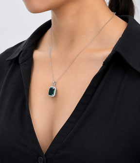 5 Carat Natural Emerald-Cut Emerald and Diamond Halo Pendant Necklace in 14K Gold