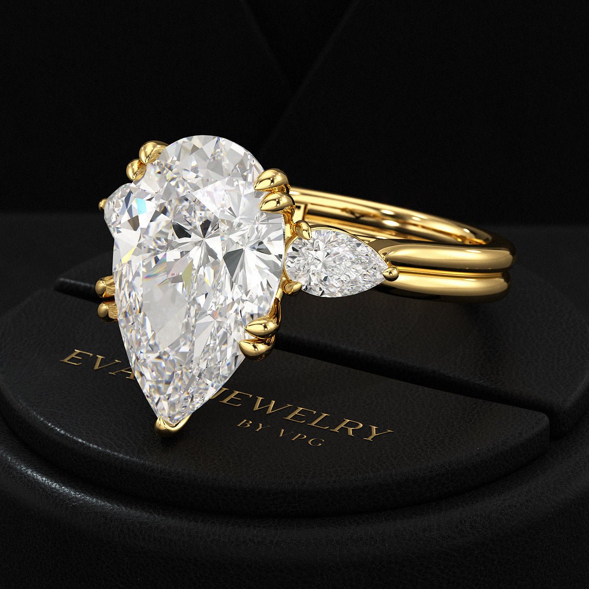7 Carat Pear Cut Diamond Three Stone Ring with Accent Pear Diamonds - Evara Jewelry LLC