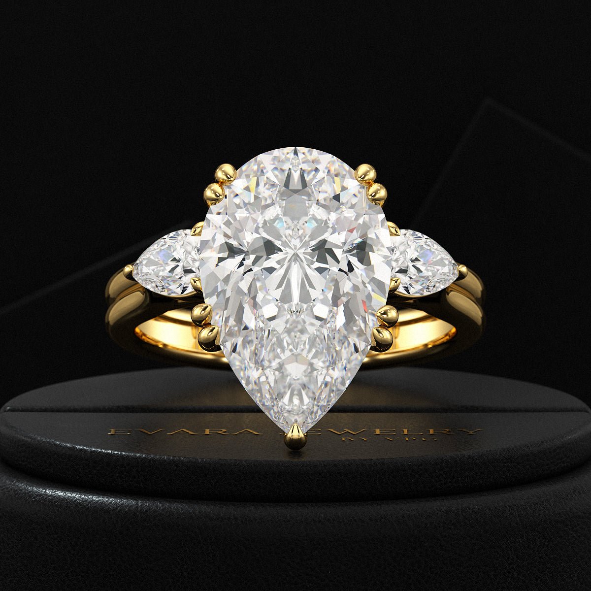 7 Carat Pear Cut Diamond Three Stone Ring with Accent Pear Diamonds - Evara Jewelry LLC