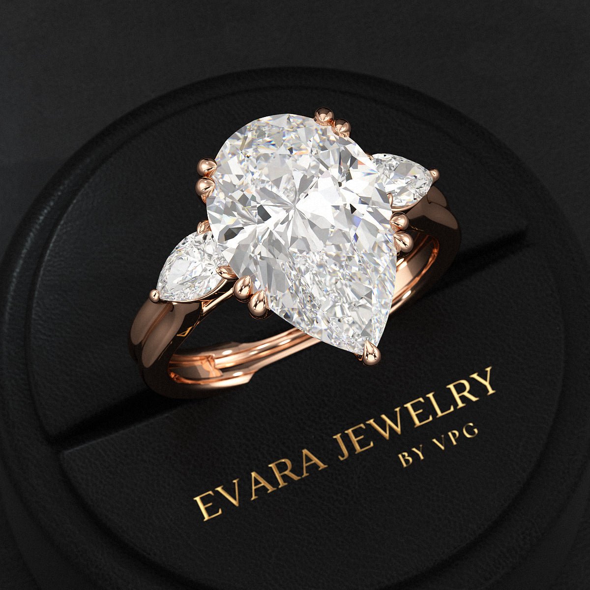 7 Carat Pear Cut Diamond Three Stone Ring with Accent Pear Diamonds - Evara Jewelry LLC