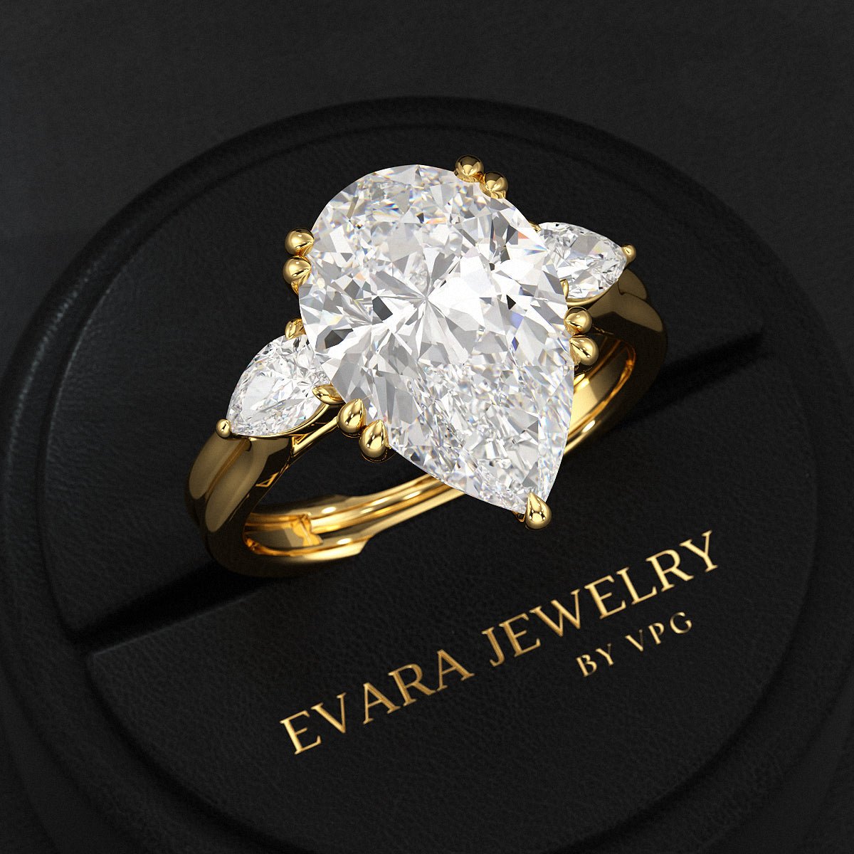 7 Carat Pear Cut Diamond Three Stone Ring with Accent Pear Diamonds - Evara Jewelry LLC